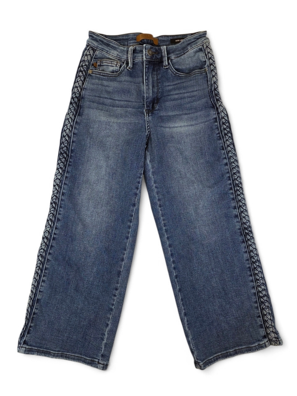 Judy Blue Wide Leg Cropped Jeans Braided Side Size 3/26 Medium Wash Boho Chic